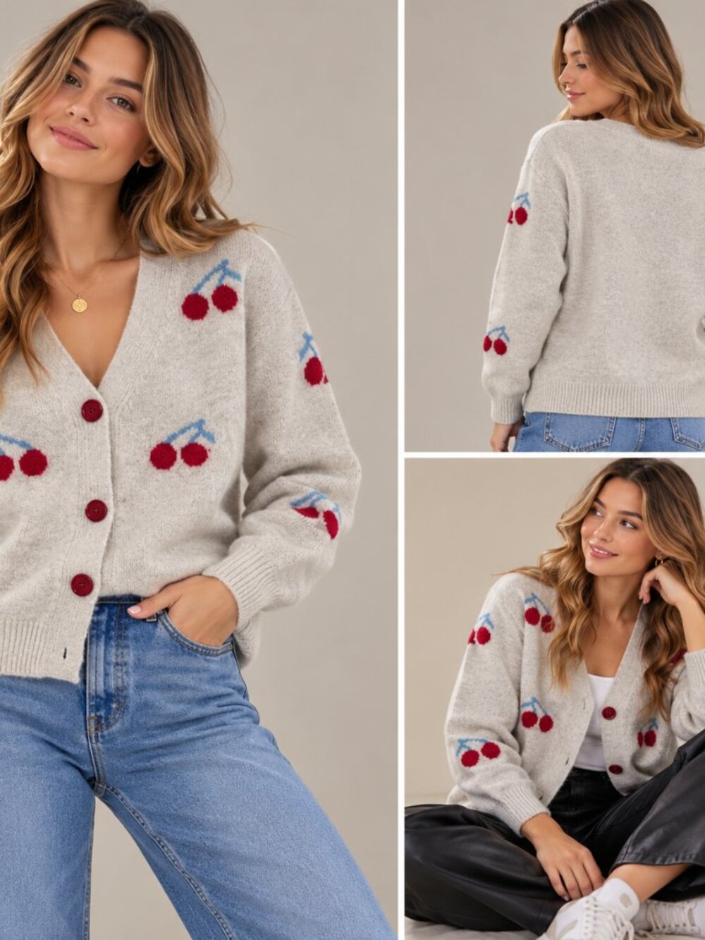 Cream & Red Cherry Cardigan Sweater – Button Front Vintage-Inspired